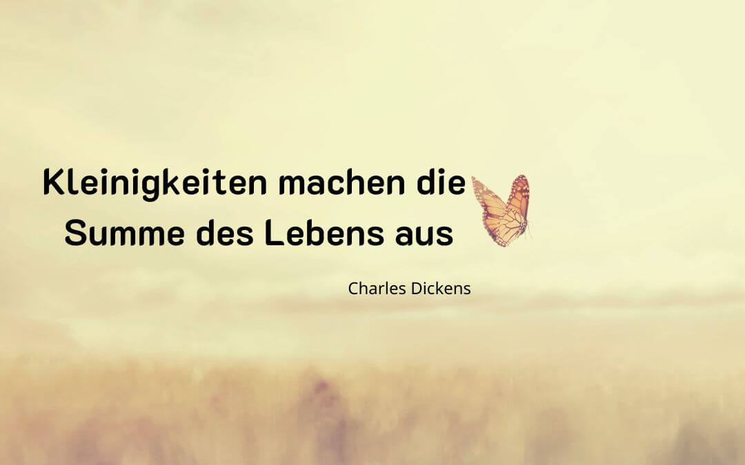 Ein Schmeterling fliegt über die Wiese mit dem Zitat von Charles Dickens Kleinigkeiten machen die Summe des Lebens aus