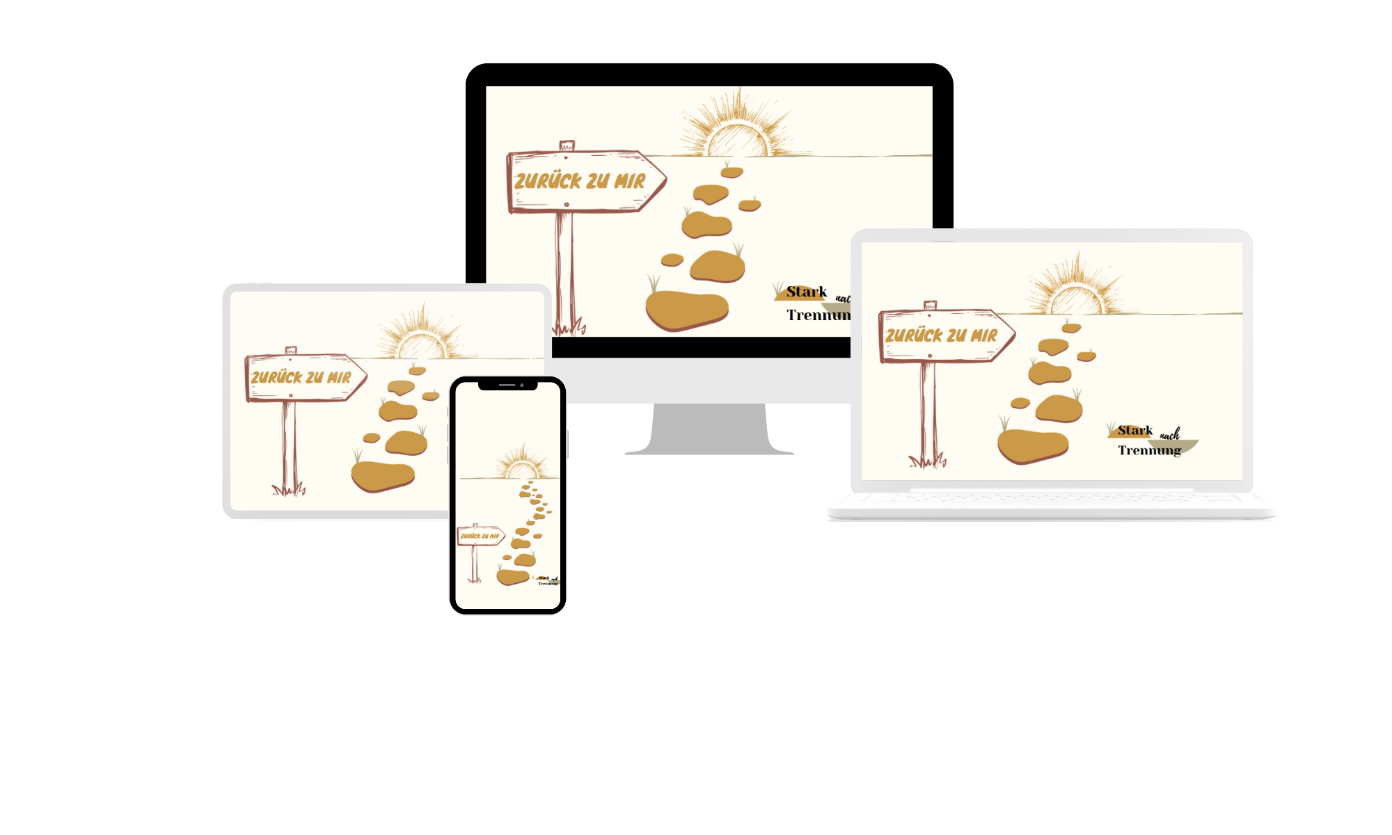 Mockup zurück zu mir Deskop und Handy schwarz Bilder vom Logo des Onlinekurses auf verschiedenen Devices